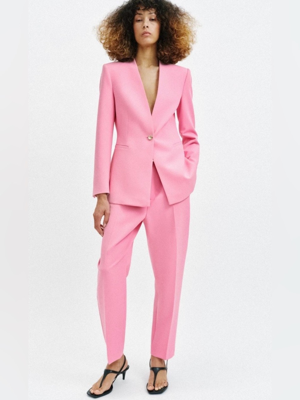 Zara NWT Pink Collarless Tailored Blazer Gold Button V-Neck